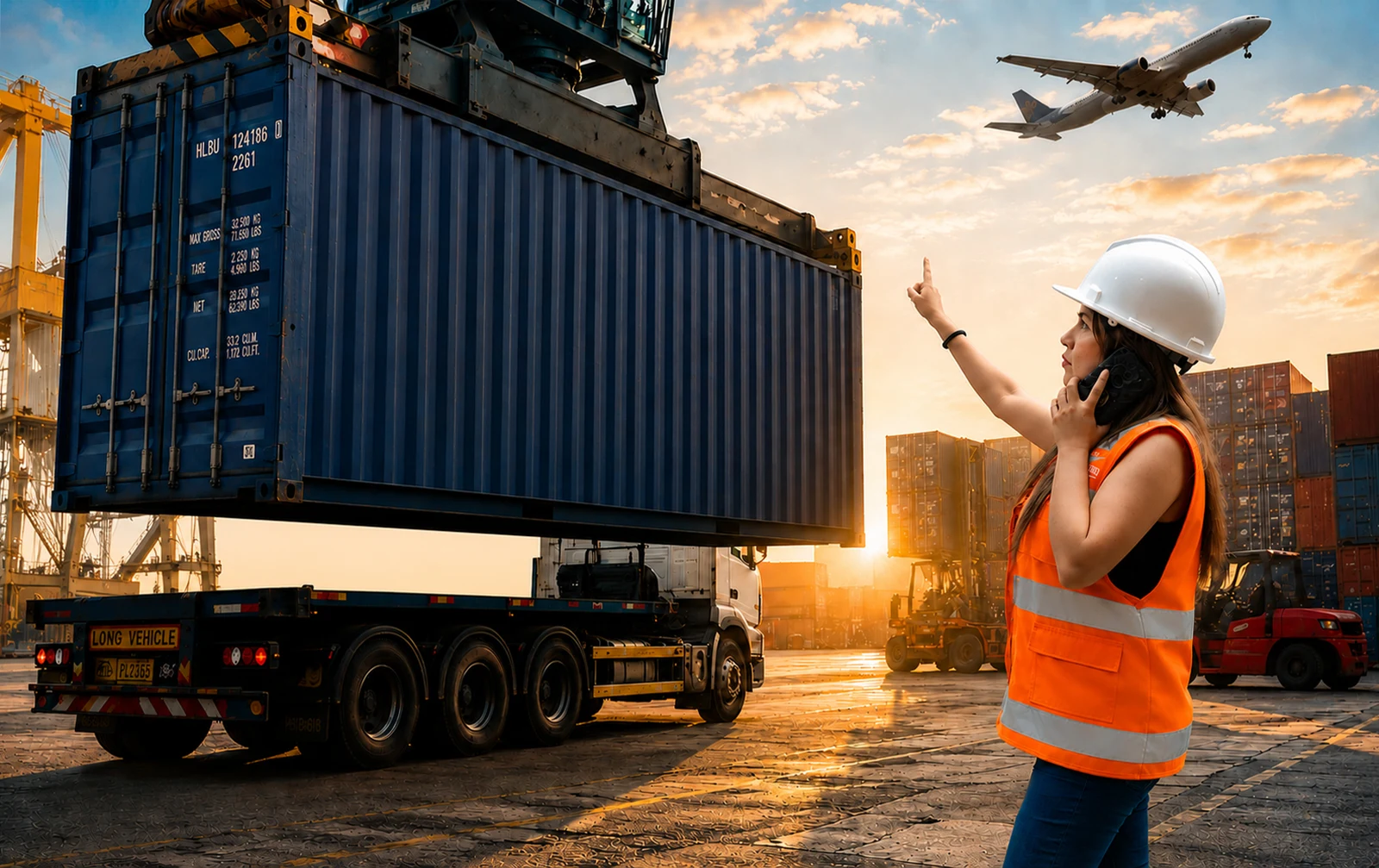 Operadora logística supervisando contenedores y transporte aéreo